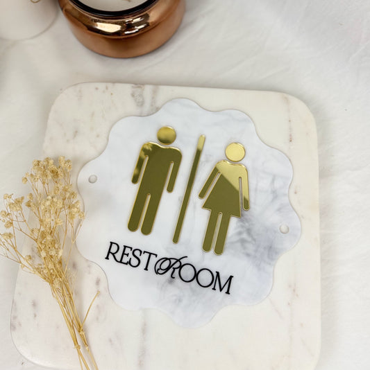 3D Acrylic Restroom Sign with Gold Icons – Salon Bathroom Decor