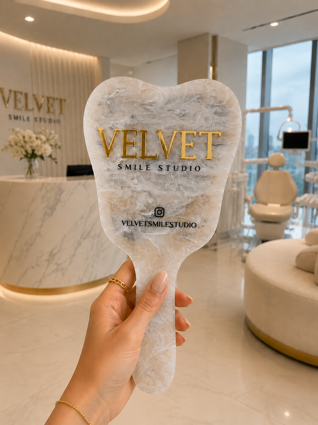 Personalized Dental Hand Mirror – Custom Tooth-Shaped Client Reveal Mirror