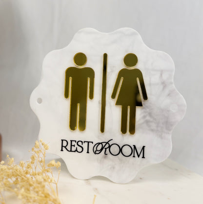 3D Acrylic Restroom Sign with Gold Icons – Salon Bathroom Decor
