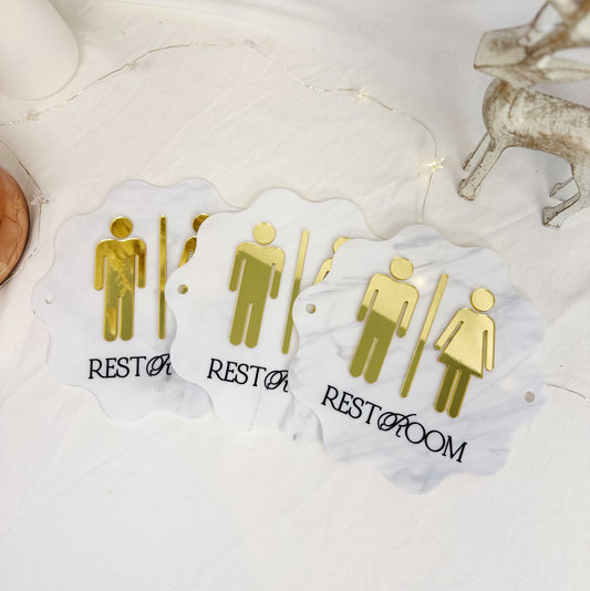 3D Acrylic Restroom Sign with Gold Icons – Salon Bathroom Decor