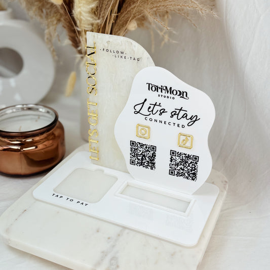 NFC "Follow Us" Sign with Card Holder & Square Reader Stand – QR Code Display for Social Media & Payments