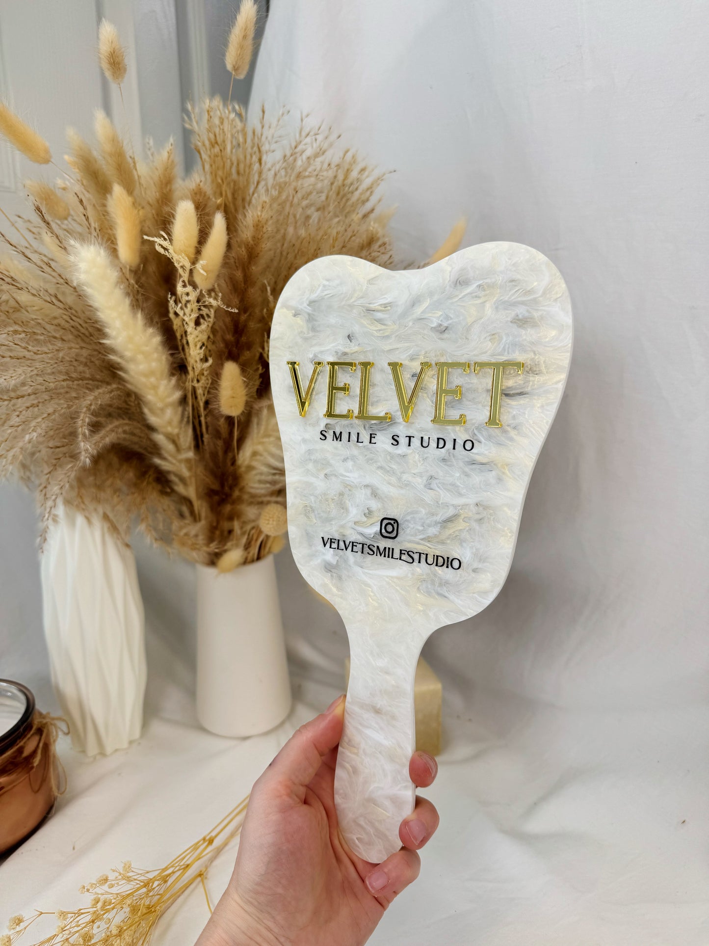 Personalized Dental Hand Mirror – Custom Tooth-Shaped Client Reveal Mirror