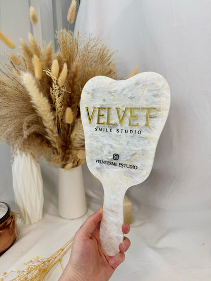 Personalized Dental Hand Mirror – Custom Tooth-Shaped Client Reveal Mirror