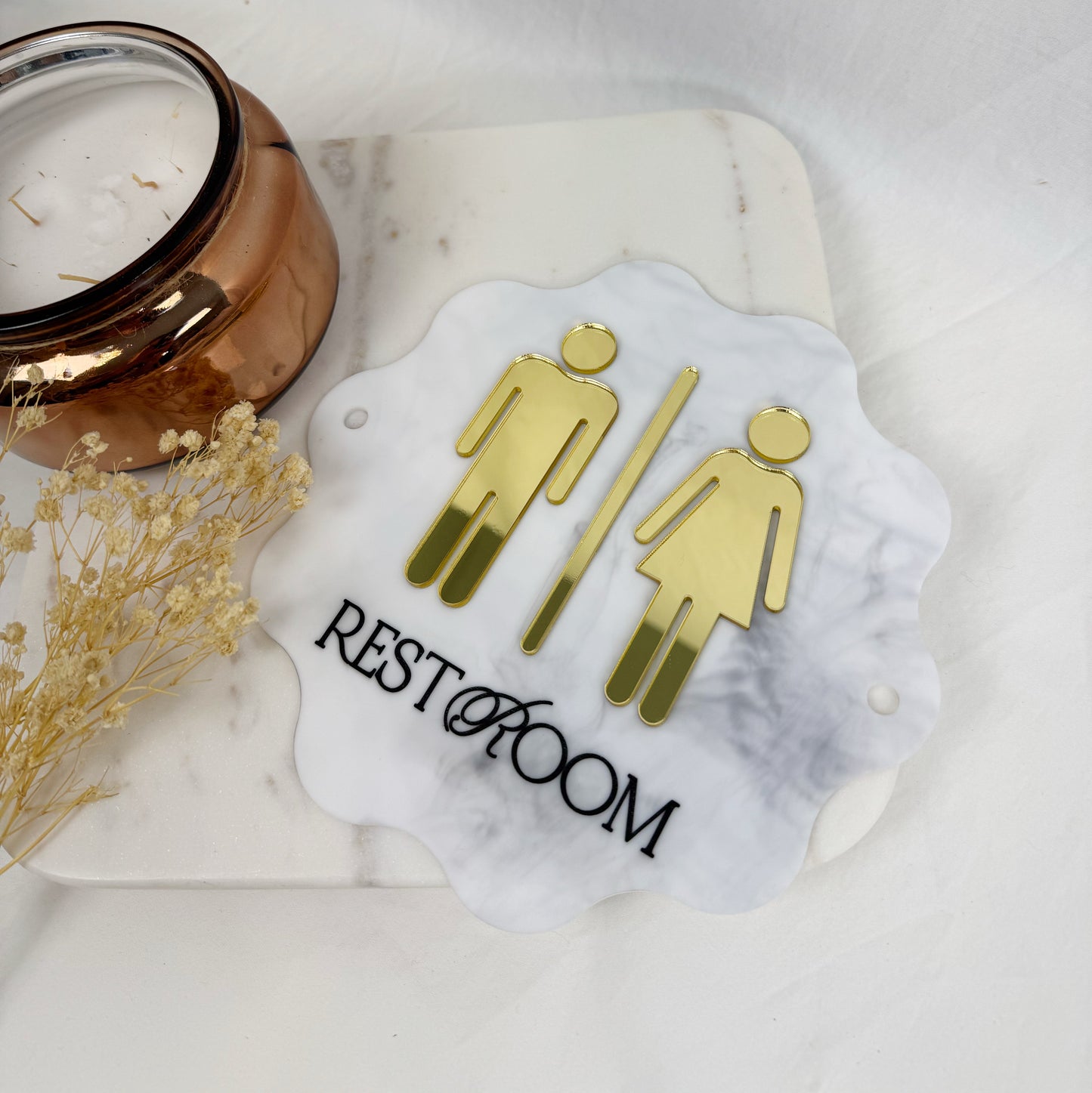 3D Acrylic Restroom Sign with Gold Icons – Salon Bathroom Decor