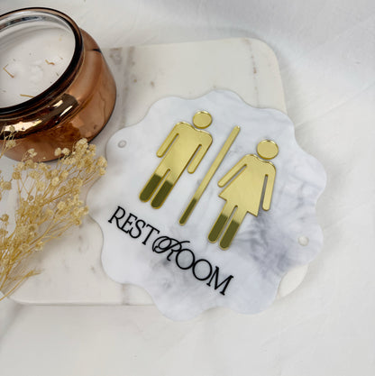 3D Acrylic Restroom Sign with Gold Icons – Salon Bathroom Decor